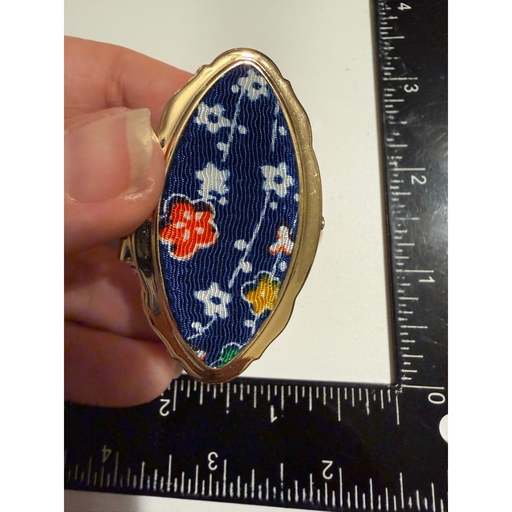 Vintage Gold Tone Lipstick Holder Case‎ with Mirror Blue Floral Fabric Inlay